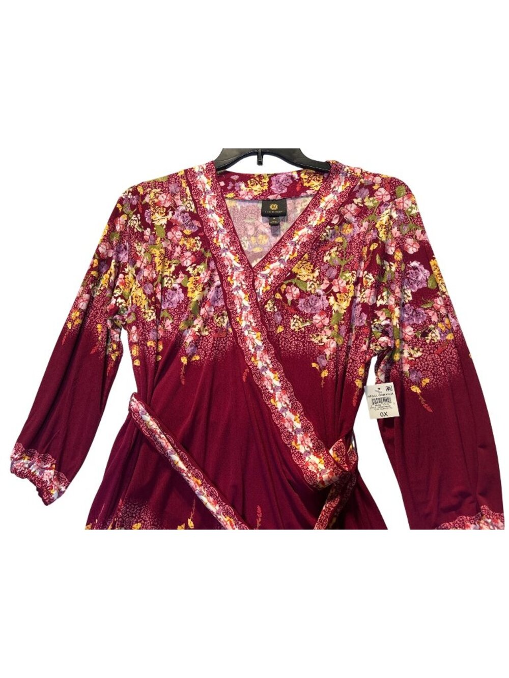 JM Collection Size 0X Floral Wrap Top Ruby Slippers Print 3/4 Sleeve - Picture 1 of 9